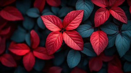 Fototapeta premium Vibrant Red Leaves Against Dark Teal Background: Botanical Macro Photography