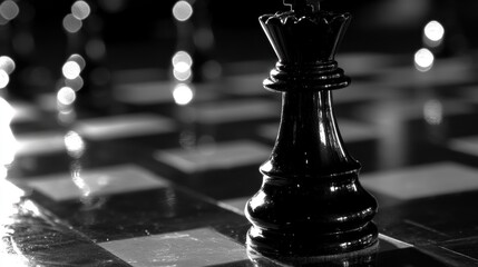 a monochrome close-up showcasing the elegant contours of a black chess queen piece placed thoughtfully on a chessboard exhibiting a polished surface with subtle bokeh background