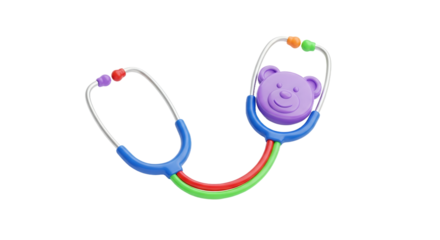 Colorful Toy Stethoscope with Purple Bear Face on White Background Medical Equipment for Children Healthcare and Playful Pediatric Tool