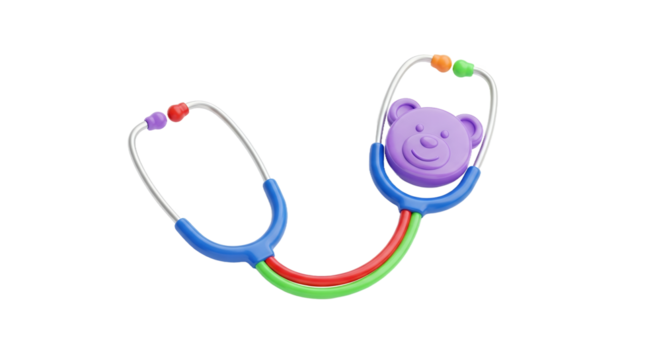 Colorful Toy Stethoscope with Purple Bear Face on White Background Medical Equipment for Children Healthcare and Playful Pediatric Tool - Powered by Adobe