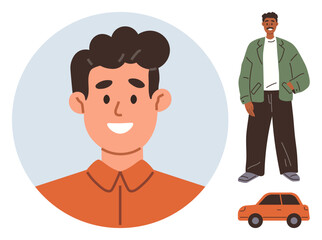 Smiling man in casual attire, portrait and full-length view, car element nearby. Ideal for lifestyle, personality, transportation, youth, self-representation, personal growth and community visuals