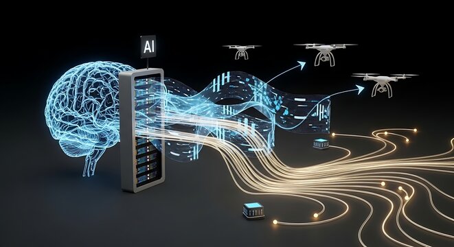 AI-Powered Drone Network: Data Streams & Neural Network Visualization