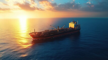 Fototapeta premium Large cargo ship sailing on calm ocean waters during golden sunset with partly cloudy sky