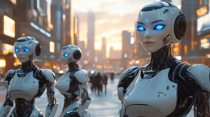 Three futuristic humanoid robots with glowing blue eyes standing in an urban environment during sunset, showcasing advanced artificial intelligence and robotics technology