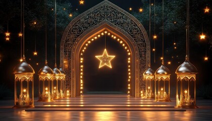 Fototapeta premium ornate glowing lanterns and star-shaped lights hanging around an intricately decorated archway in a dark outdoor setting creating a warm and festive atmosphere