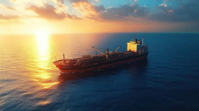 Large cargo ship sailing on calm ocean waters during golden sunset with partly cloudy sky