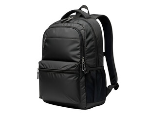 A black backpack with multiple pockets.