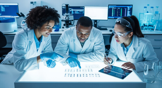 Diverse Team of Scientists Collaborating in a High-Tech Laboratory, Analyzing DNA Sequencing Results on a Light Table and Tablet