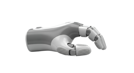 Detailed Robotic Hand Prosthetic with Gray and White Design Lying on White Surface in Clean Studio Setting