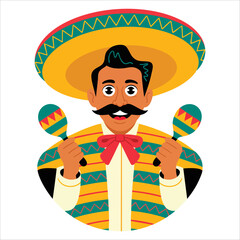 Vector of Mexican man in sombrero and poncho with maracas on white. Perfect for traditional Mexican themed art and holiday celebration visuals.