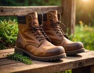 Pair of brown leather boots on wooden bench outdoors