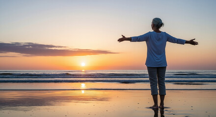 Fototapeta premium Serene mature woman with arms outstretched embracing the golden sunset on a tranquil ocean beach