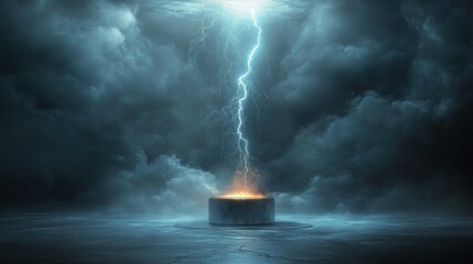 Powerful lightning bolt striking a cylindrical platform with glowing fiery top surrounded by mist under a stormy cloudy sky