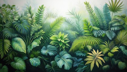 Dense arrangement of various tropical green leaves with different shapes and textures creating a lush and vibrant natural foliage scene