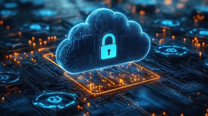 Glowing blue digital cloud with a lock icon representing secure cloud computing on a futuristic circuit board with orange light trails