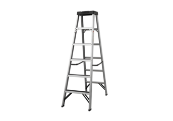 A sturdy metal stepladder against a black backdrop.