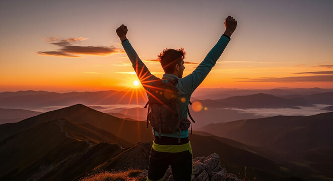 Triumphant hiker with a backpack celebrating on a mountain summit at sunrise with arms raised in victory