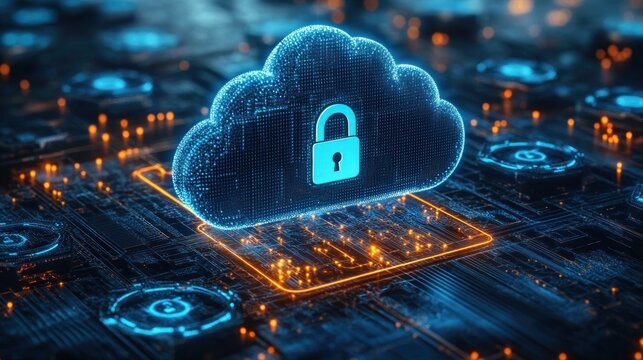 Glowing blue digital cloud with a lock icon representing secure cloud computing on a futuristic circuit board with orange light trails