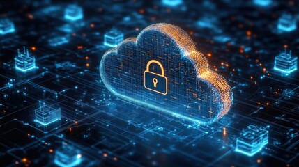 3D digital cloud with lock symbol representing cybersecurity and data protection in a futuristic glowing circuit environment