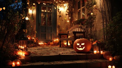 Spooky Halloween Porch with Jack-o-Lanterns and Candles