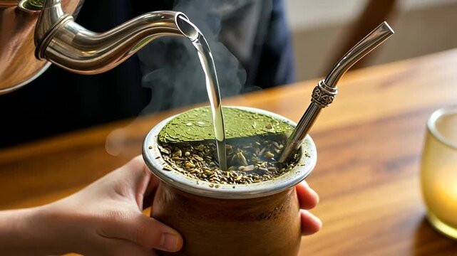 Preparing Traditional South American Yerba Mate Tea with Hot Water and Bombilla
