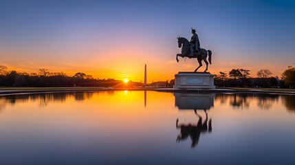 The sunset over the Apotheosis of St. Louis statue of King Louis IX of France, namesake of St. Louis, Missouri in Forest Park, St. Louis, Missouri.