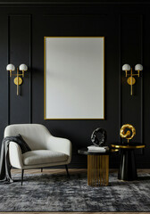 White and Gold Framed Canvas Mockup in High-End Black Room