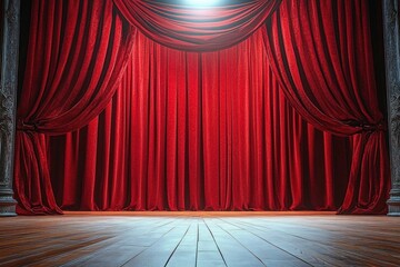Empty theater stage with rich red velvet curtains drawn closed and wooden floor illuminated by overhead spotlight creating a dramatic and anticipatory atmosphere