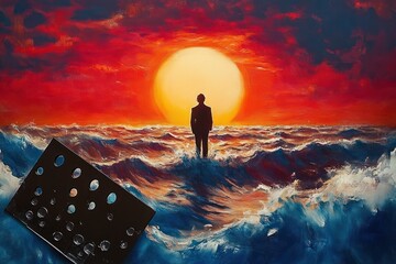 Silhouette of a person standing on turbulent ocean waves with a large bright sun setting against a dramatic red and orange sky, evoking a sense of solitude and contemplation