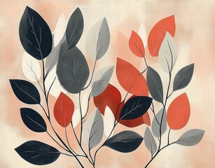 Abstract botanical artwork featuring stylized leaves in shades of black, gray, white, and red on a soft peach background