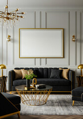 Canvas Mockup in Elegant Black and Gold Living Room Interior