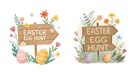Easter Egg Hunt Sign Board (Cartoon Style): Wooden sign board with the words "Easter Egg Hunt" and arrows, decorated with spring flowers and eggs, PNG