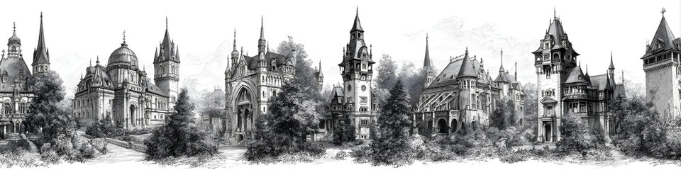 Fototapeta premium A collection of detailed sketched depicting mysterious and majestic historic mansions castles and estates in a variety of gothic victorian and vintage architectural styles set against eerie moody