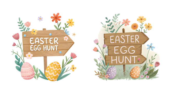 Easter Egg Hunt Sign Board (Cartoon Style): Wooden sign board with the words "Easter Egg Hunt" and arrows, decorated with spring flowers and eggs, PNG - Powered by Adobe