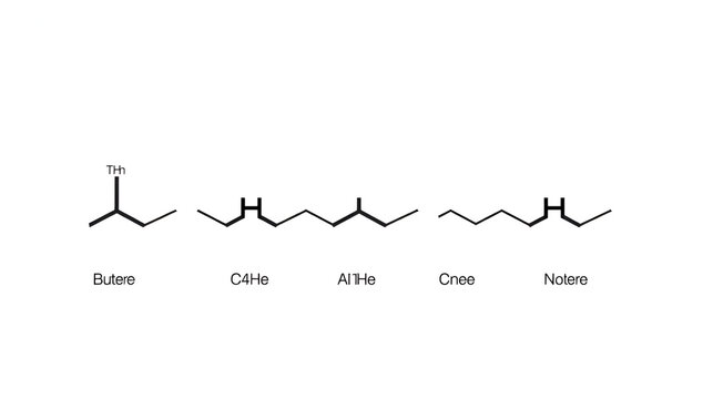 Alkene Series: From Butene (C4H8) to Nonene (C9H18). Class of hydrocarbons characterized by the presence of at least one carbon-carbon double bond. Isolated on white background. 3D illustration.