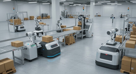 Automated factory robots transporting packages on assembly line