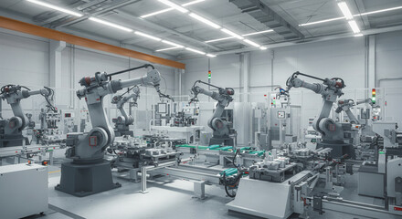 Automated robotic arms in modern factory industrial manufacturing process