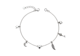 Silver charm bracelet with celestial and heart motifs.
