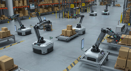 Automated robotic arms working in a modern industrial warehouse