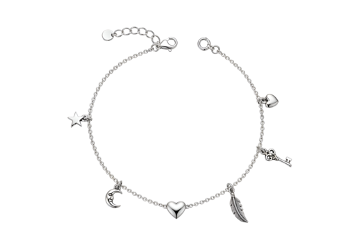 Silver charm bracelet with celestial and heart motifs. - Powered by Adobe