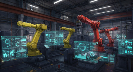 Robotic arms in a modern industrial factory with digital interface screens