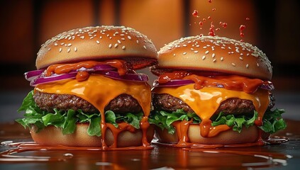 Two cheeseburgers with sesame seed buns, melted cheddar cheese, fresh lettuce, red onion slices, and dripping spicy sauce on a wooden surface with a warm blurred background