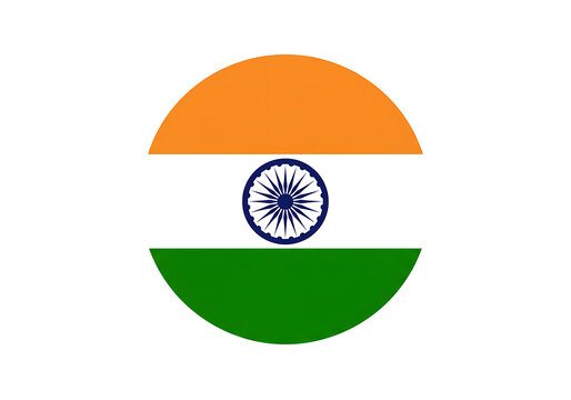 Circular depiction of the Indian national flag featuring saffron, white, and green horizontal stripes with the blue Ashoka Chakra in the center.