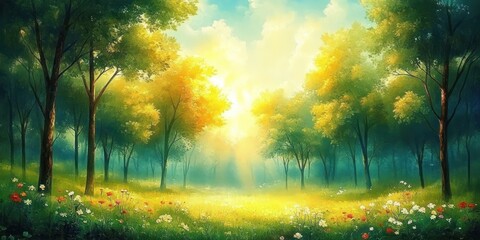 Fototapeta premium Sunlight filtering through tall trees in a lush forest clearing filled with colorful wildflowers, evoking a serene and peaceful morning atmosphere