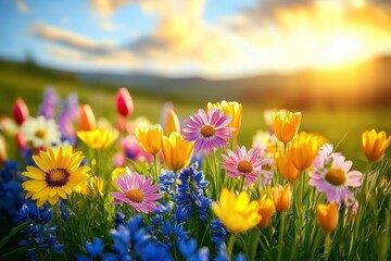 Obraz premium Colorful wildflowers including yellow tulips, pink daisies, and blue lupines glowing warmly in natural sunlight with a blurred green landscape and bright sky background