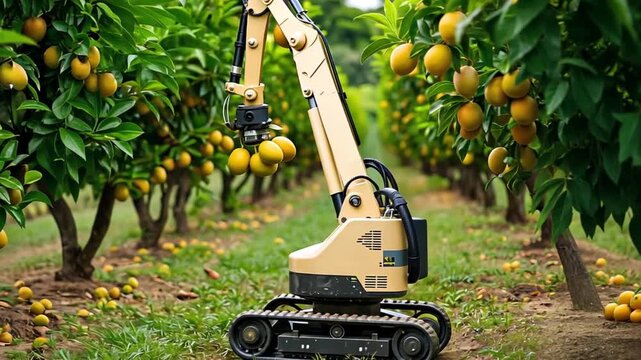 Innovative robotic arm picking ripe oranges in modern orchard, demonstrating automation in agriculture