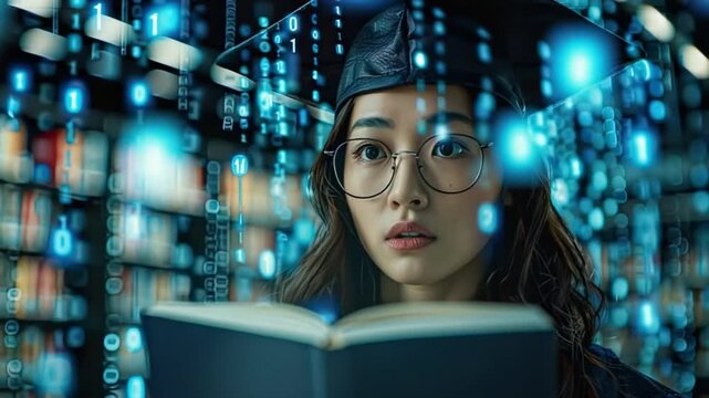 A young woman in a graduation cap, holding a book, surrounded by a digital display of binary code in a library setting - Powered by Adobe