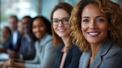 Smiling professional businesswoman in focus with diverse colleagues blurred in background sitting at table