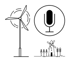 Wind turbine, microphone graphic representing technology and communication, traditional windmill with crops. Ideal for sustainability, renewable energy, innovation, agriculture, clean energy