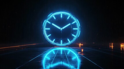 glowing futuristic blue clock with digital neon lights reflecting on shiny dark floor in a high-tech environment